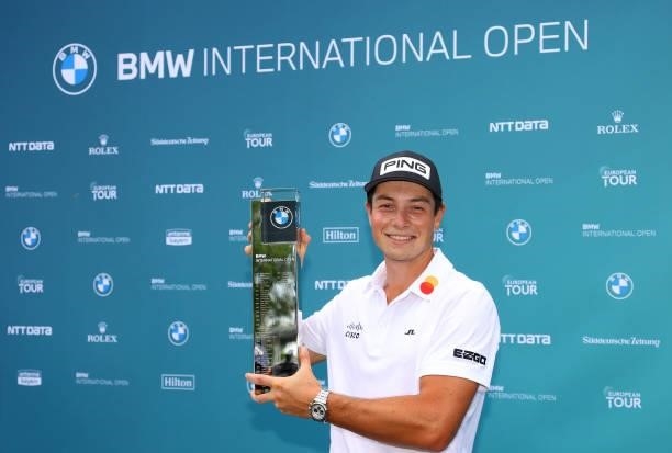 Viktor Hovland of Norway celebrates celebrates with the winners trophy after the final round of The BMW International Open at Golfclub Munchen...