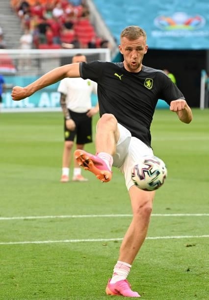 Tomas Soucek of Czech Republic shoots during the warm up prior to the UEFA Euro 2020 Championship Round of 16 match between Netherlands and Czech...