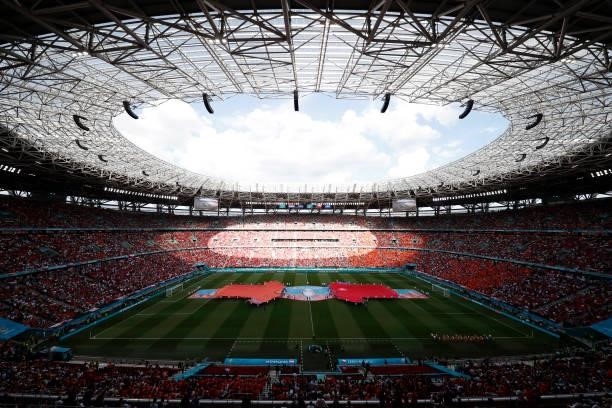 General view inside the stadium as large replica shirts of Netherlands and Czech Republic are displayed on the pitch prior to the UEFA Euro 2020...