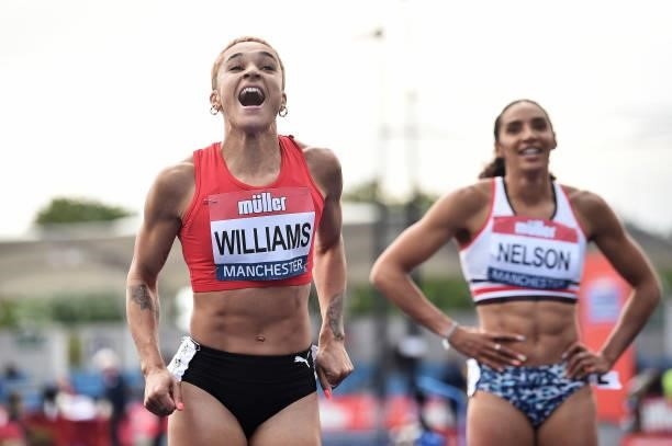 Jodie Williams of Herts Pheonix celebrates winning the Womens 200m Final during Day Three of the Muller British Athletics Championships at Manchester...