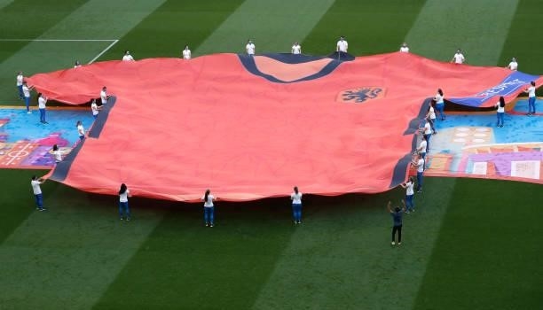Large replica shirt of Netherlands is displayed on the pitch prior to the UEFA Euro 2020 Championship Round of 16 match between Netherlands and Czech...