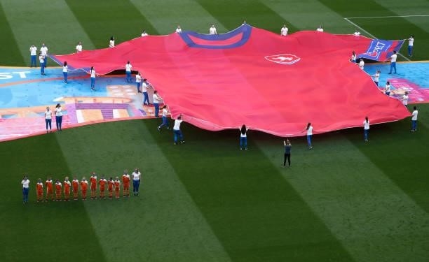 Large replica shirt of Czech Republic is displayed on the pitch prior to the UEFA Euro 2020 Championship Round of 16 match between Netherlands and...