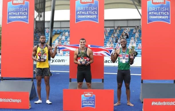 Nethaneel Mitchell-Blake of Newham Essex Beagles Adam Gemili of Blackheath and Jona Efoloko of Sale pictured during the medal ceremony of Mens 200m...