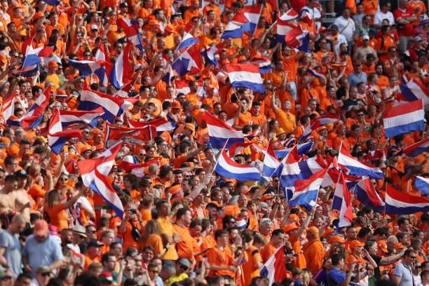 Netherlands fans wave flags as they show their support prior to the UEFA Euro 2020 Championship Round of 16 match between Netherlands and Czech...