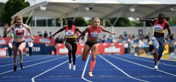 Jodie Williams of Herts Pheonix wins the Womens 200m Final during Day Three of the Muller British Athletics Championships at Manchester Regional...