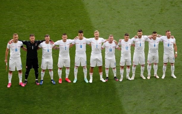 Players of Czech Republic stand for the national anthem prior to the UEFA Euro 2020 Championship Round of 16 match between Netherlands and Czech...