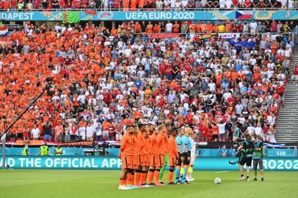 Players of Netherlands stand for the national anthem prior to the UEFA Euro 2020 Championship Round of 16 match between Netherlands and Czech...