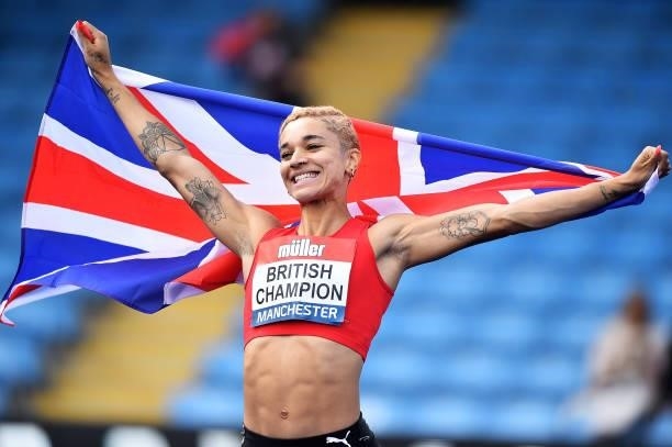 Jodie Williams of Herts Pheonix celebrates winning the Womens 200m Final during Day Three of the Muller British Athletics Championships at Manchester...