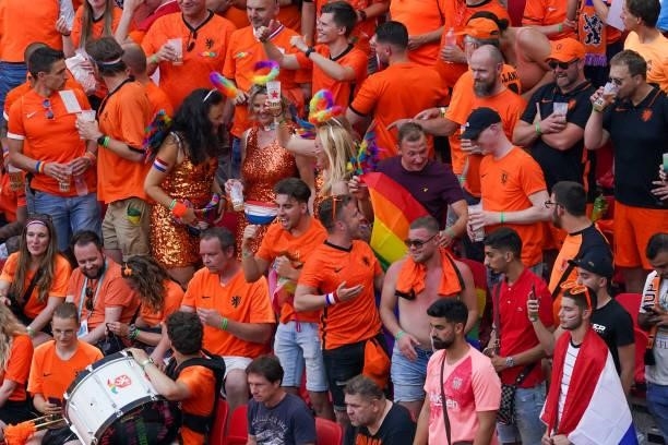 Dutch supporters with the rainbowflag inside the stadium prior to the UEFA Euro 2020: Round of 16 match between Netherlands and Czech Republic at...