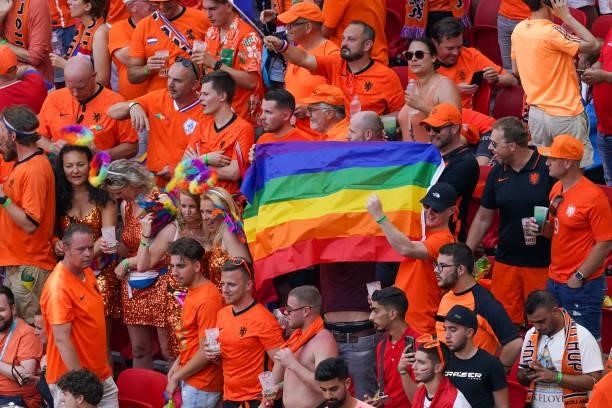 Dutch supporters with the rainbowflag inside the stadium prior to the UEFA Euro 2020: Round of 16 match between Netherlands and Czech Republic at...