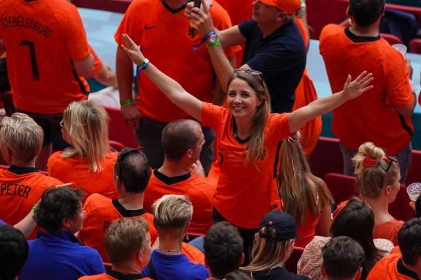 Dutch supporters prior to the UEFA Euro 2020: Round of 16 match between Netherlands and Czech Republic at Puskas Arena on June 27, 2021 in Budapest,...