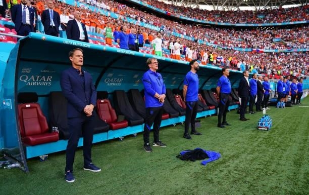 Frank de Boer, Head Coach of Netherlands stands for the national anthem prior to the UEFA Euro 2020 Championship Round of 16 match between...