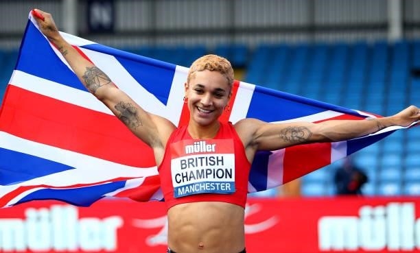 Jodie Williams of Herts Pheonix celebrates after winning the Womens 200m Final on Day Three of the Muller British Athletics Championships at...