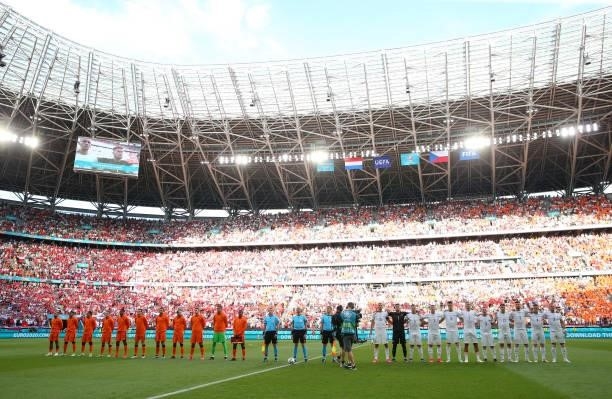 General view inside the stadium as players from both side's line up prior to the UEFA Euro 2020 Championship Round of 16 match between Netherlands...