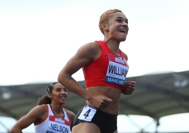 Jodie Williams of Herts Pheonix celebrates after winning the Womens 200m Final on Day Three of the Muller British Athletics Championships at...