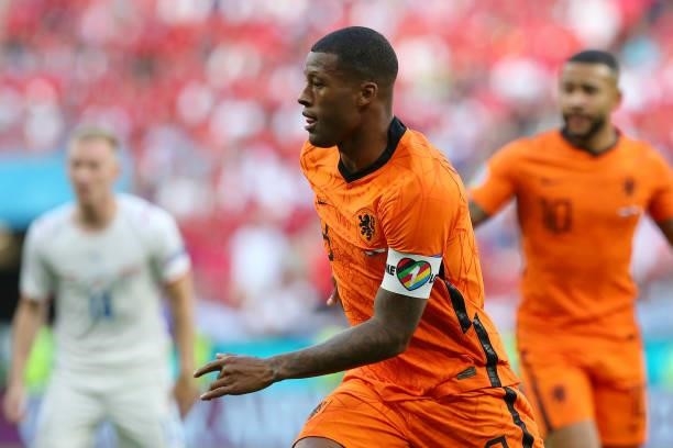 Detailed view of the rainbow armband worn by Georginio Wijnaldum of Netherlands during the UEFA Euro 2020 Championship Round of 16 match between...