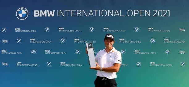 Viktor Hovland of Norway celebrates celebrates with the winners trophy after the final round of The BMW International Open at Golfclub Munchen...
