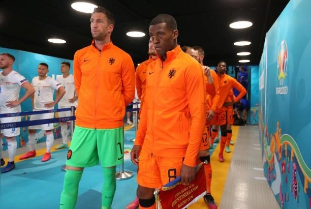 Georginio Wijnaldum of Netherlands waits to lead the team out on to the pitch prior to the UEFA Euro 2020 Championship Round of 16 match between...