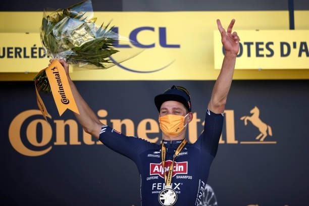 Mathieu Van Der Poel of The Netherlands and Team Alpecin-Fenix stage winner celebrates at podium during the 108th Tour de France 2021, Stage 2 a...