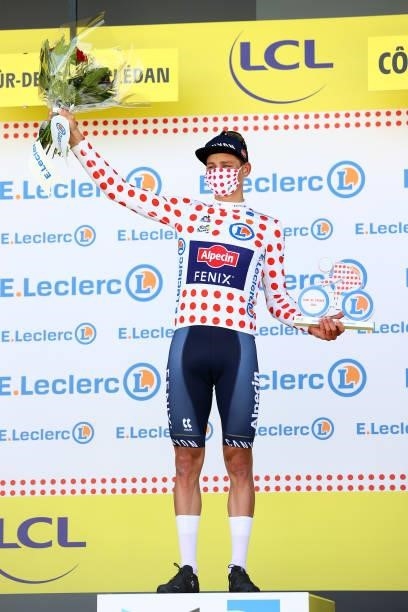 Mathieu Van Der Poel of The Netherlands and Team Alpecin-Fenix Polka Dot Mountain Jersey stage winner celebrates at podium during the 108th Tour de...