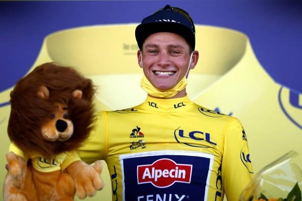 Mathieu Van Der Poel of The Netherlands and Team Alpecin-Fenix yellow leader jersey stage winner celebrates at podium during the 108th Tour de France...