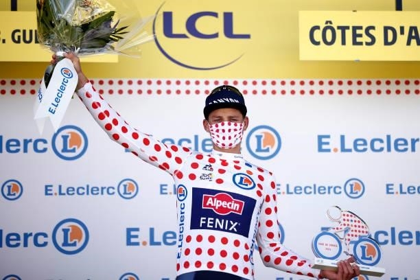 Mathieu Van Der Poel of The Netherlands and Team Alpecin-Fenix Polka Dot Mountain Jersey stage winner celebrates at podium during the 108th Tour de...