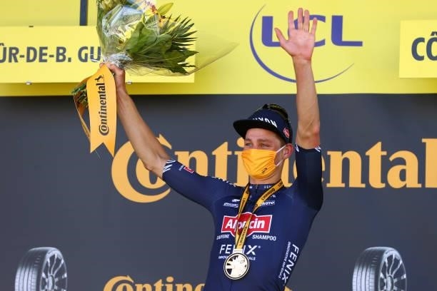 Mathieu Van Der Poel of The Netherlands and Team Alpecin-Fenix stage winner celebrates at podium during the 108th Tour de France 2021, Stage 2 a...