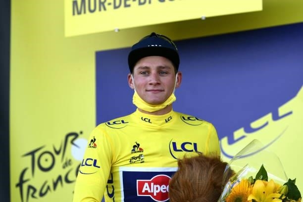 Mathieu Van Der Poel of The Netherlands and Team Alpecin-Fenix yellow leader jersey stage winner celebrates at podium during the 108th Tour de France...
