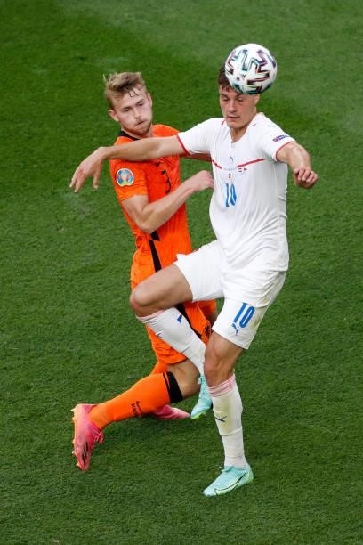 Patrik Schick of Czech Republic heads the ball whilst under pressure from Matthijs de Ligt of Netherlands during the UEFA Euro 2020 Championship...