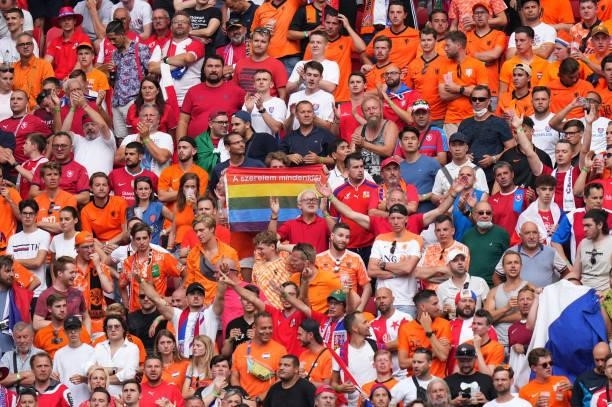 Rainbow flag is raised in the crowd during the UEFA Euro 2020 Championship Round of 16 match between Netherlands and Czech Republic at Puskas Arena...