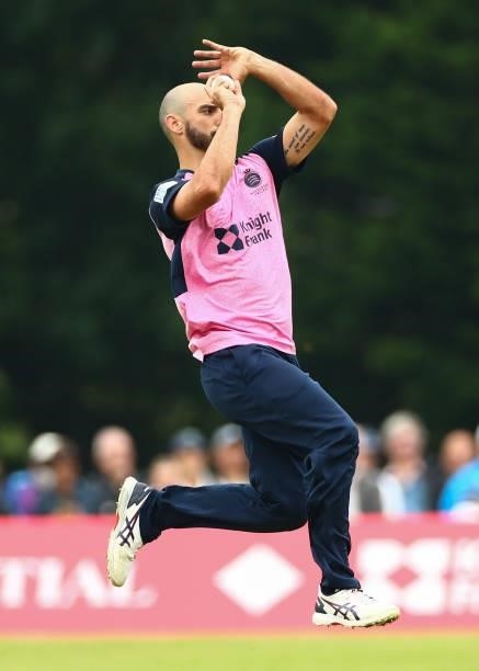 Daryl Mitchell of Middlesex bowls during the Vitality Blast T20 match between Middlesex and Glamorgan at Radlett Cricket Club on June 27, 2021 in...