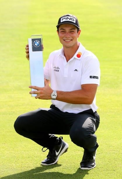 Viktor Hovland of Norway celebrates with the winners trophy after the final round of The BMW International Open at Golfclub Munchen Eichenried on...