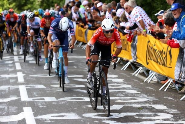Nairo Quintana of Colombia and Team Arkéa Samsic & Mathieu Van Der Poel of The Netherlands and Team Alpecin-Fenix attack in breakaway during the...