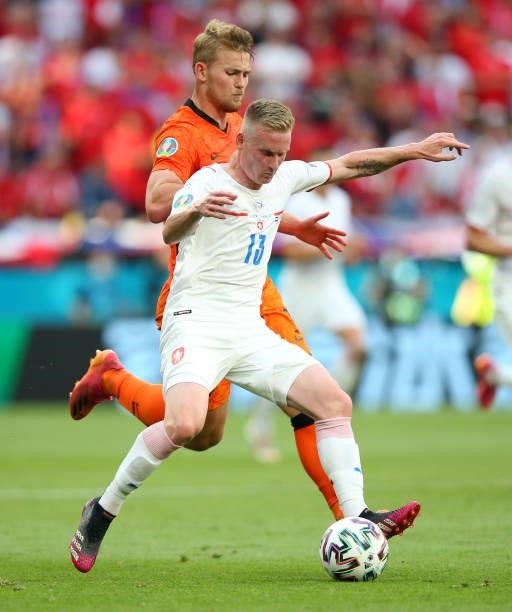Petr Sevcik of Czech Republic is challenged by Matthijs de Ligt of Netherlands during the UEFA Euro 2020 Championship Round of 16 match between...