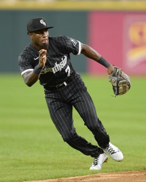 Tim Anderson of the Chicago White Sox fields against the Seattle Mariners on June 25, 2021 at Guaranteed Rate Field in Chicago, Illinois. The White...