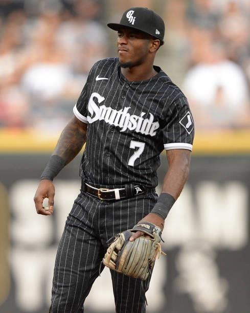 Tim Anderson of the Chicago White Sox looks on against the Seattle Mariners on June 25, 2021 at Guaranteed Rate Field in Chicago, Illinois. The White...