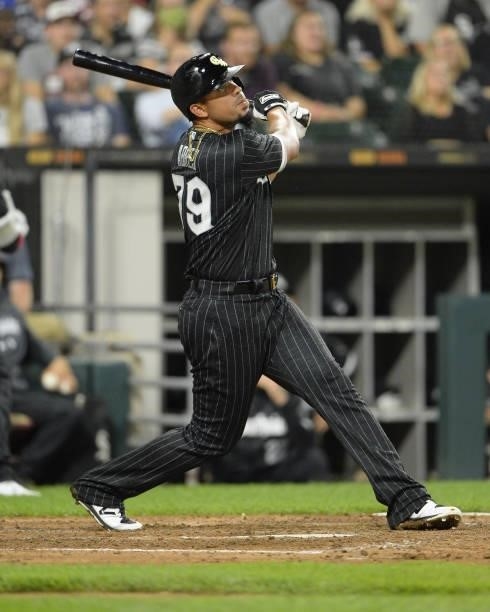 Jose Abreu of the Chicago White Sox bats against the Seattle Mariners on June 25, 2021 at Guaranteed Rate Field in Chicago, Illinois. The White Sox...