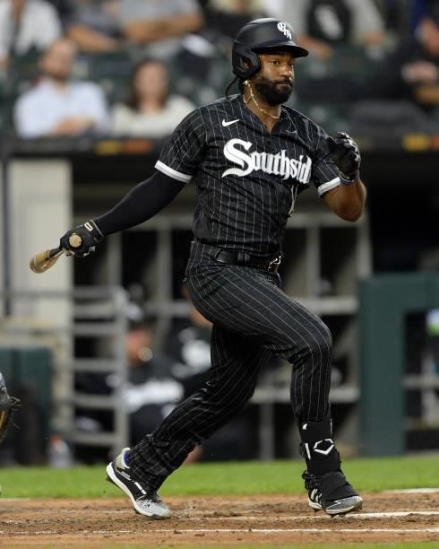 Brian Goodwin of the Chicago White Sox bats against the Seattle Mariners on June 25, 2021 at Guaranteed Rate Field in Chicago, Illinois. The White...