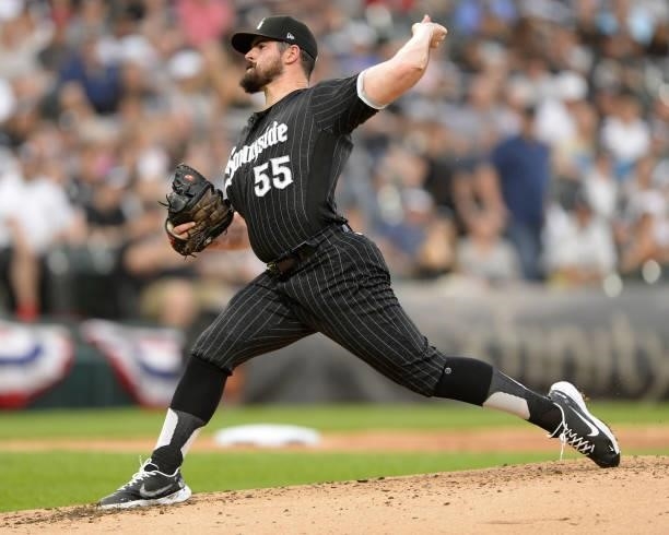 Carlos Rodon of the Chicago White Sox pitches against the Seattle Mariners on June 25, 2021 at Guaranteed Rate Field in Chicago, Illinois. The White...