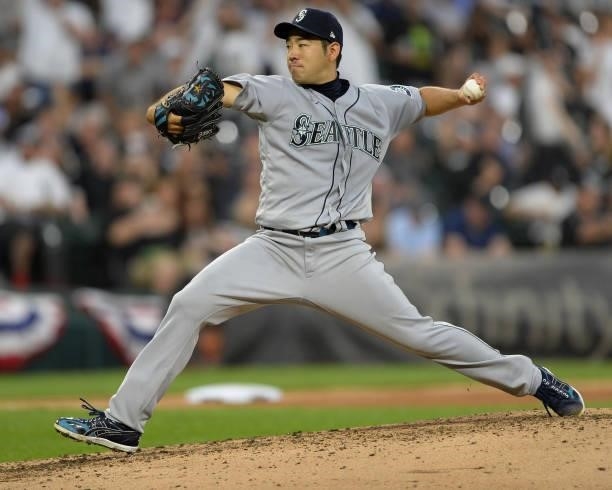 Yusei Kikuchi of the Seattle Mariners pitches against the Chicago White Sox on June 25, 2021 at Guaranteed Rate Field in Chicago, Illinois.