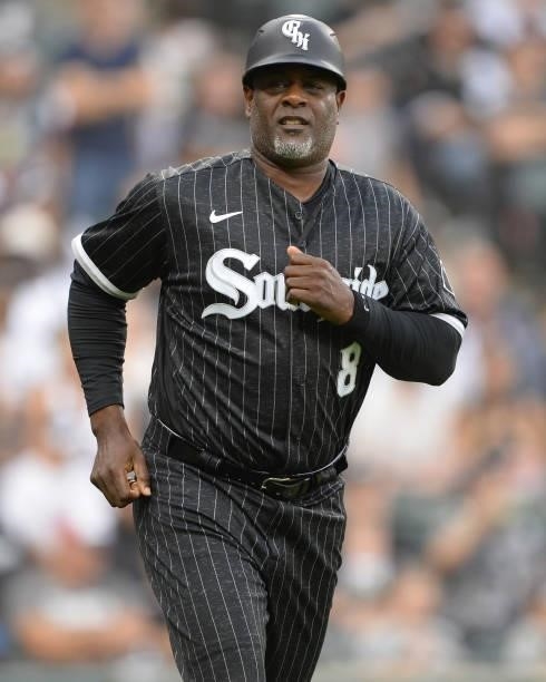 First Base Coach Daryl Boston of the Chicago White Sox looks on against the Seattle Mariners on June 25, 2021 at Guaranteed Rate Field in Chicago,...