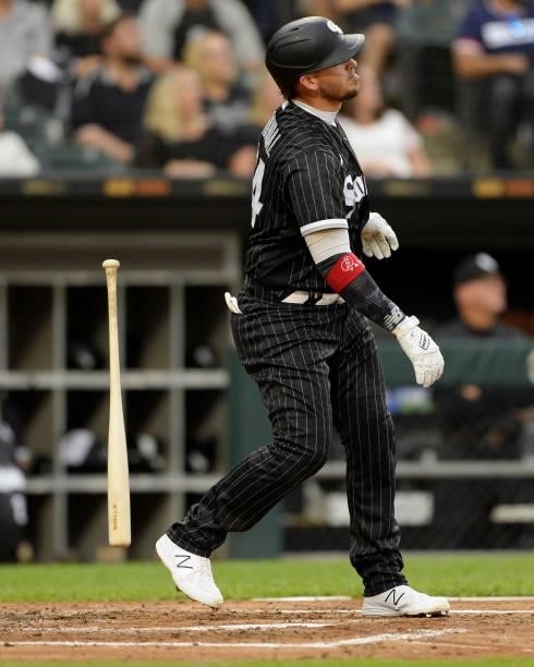 Yasmani Grandal of the Chicago White Sox hits a solo home run against the Seattle Mariners on June 25, 2021 at Guaranteed Rate Field in Chicago,...