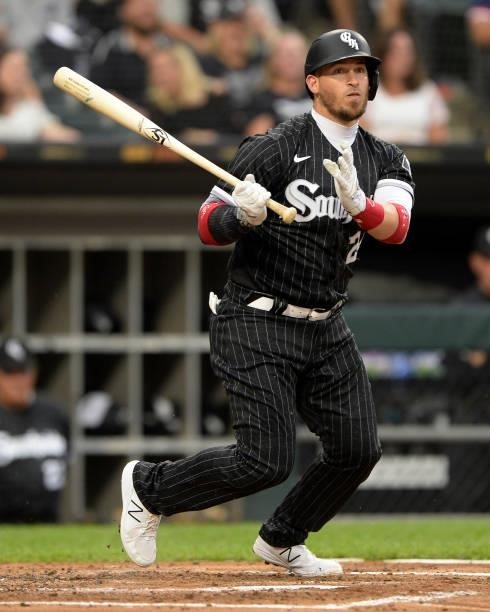 Yasmani Grandal of the Chicago White Sox bats against the Seattle Mariners on June 25, 2021 at Guaranteed Rate Field in Chicago, Illinois. The White...