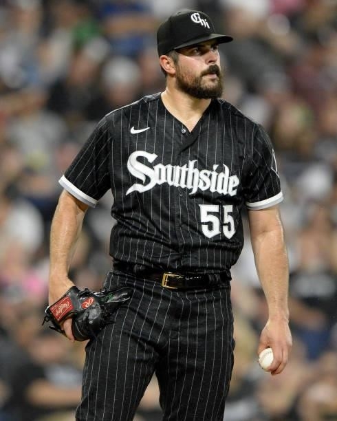 Carlos Rodon of the Chicago White Sox looks on against the Seattle Mariners on June 25, 2021 at Guaranteed Rate Field in Chicago, Illinois. The White...