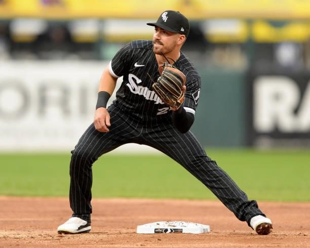 Danny Mendick of the Chicago White Sox fields against the Seattle Mariners on June 25, 2021 at Guaranteed Rate Field in Chicago, Illinois. The White...