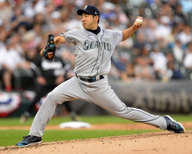 Yusei Kikuchi of the Seattle Mariners pitches against the Chicago White Sox on June 25, 2021 at Guaranteed Rate Field in Chicago, Illinois.
