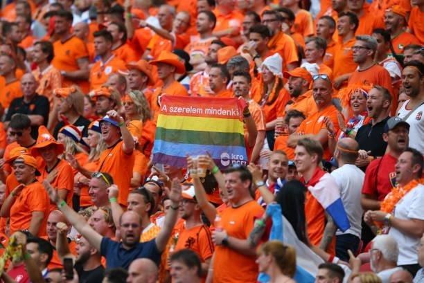 Fan of Netherlands is seen holding a rainbow flag during the UEFA Euro 2020 Championship Round of 16 match between Netherlands and Czech Republic at...