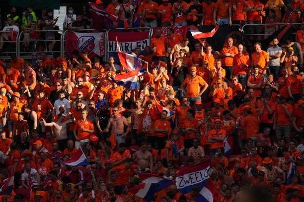 Netherlands fans show their support during the UEFA Euro 2020 Championship Round of 16 match between Netherlands and Czech Republic at Puskas Arena...
