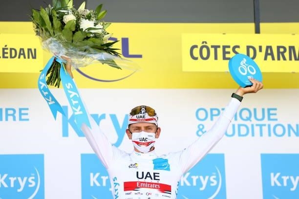 Tadej Pogačar of Slovenia and UAE-Team Emirates white best young jersey celebrates at podium during the 108th Tour de France 2021, Stage 2 a 183,5km...