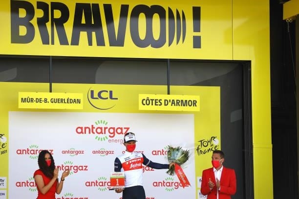 Edward Theuns of Belgium and Team Trek - Segafredo Most Combative Rider celebrates at podium during the 108th Tour de France 2021, Stage 2 a 183,5km...